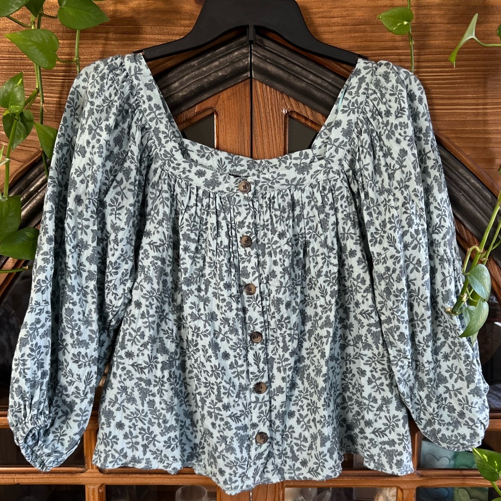 Floral Button-Up Blouse - Blue/Gray